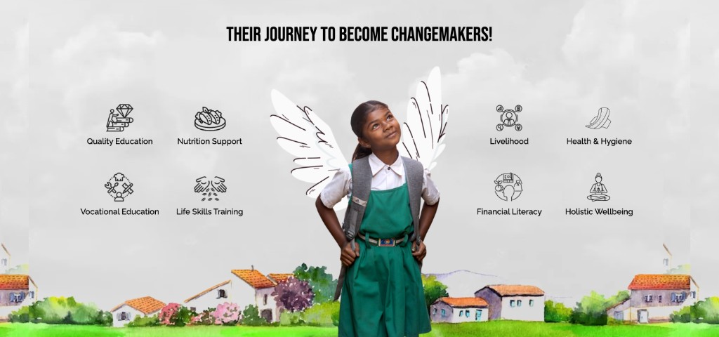 Banner: a schoolgirl with illustrated wings; surrounding icons for quality education, vocational education, nutrition support, life skills, livelihood, financial literacy, health and hygiene, and holistic wellbeing.